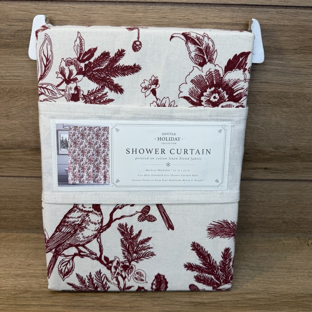 Envogue Holiday Collection Shower Curtain Cream Burgundy Winter Cardinal Toile